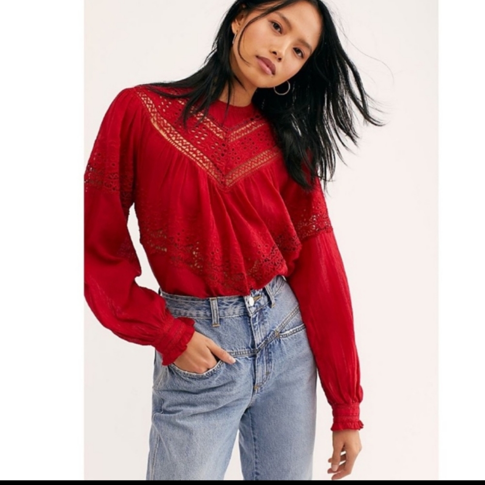 Free People Abigail Victorian Red Eyelet Lace Bohemian Blouse